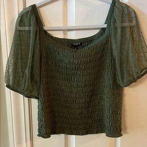 Torrid Olive Smocked Blouse with Sheer Sleeves